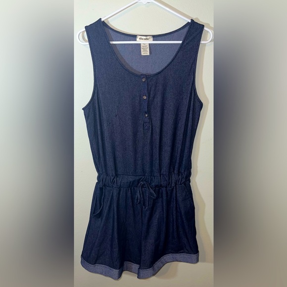 shosho Pants - ShoSho Blue Denim Sleeveless Button Up Romper With Waist Tie & Pockets! Size L.